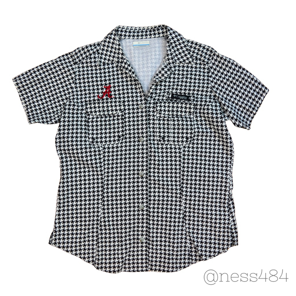 Columbia PFG Houndstooth Button Up Shirt Red A Logo Short Sleeve Women's L G